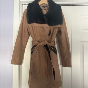 Via Spiga Women's Brown Wool Coat with Black Fur Collar & Vegan Leather trim